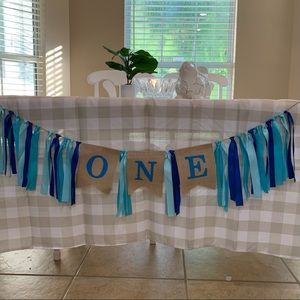 First Birthday Banner “ONE” Burlap, Ribbons, and Twine, 76” long